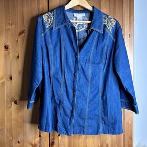 Susan Graver Denim Chambray Button Down Shirt Women’s 1X Western Blue‎ Metallic